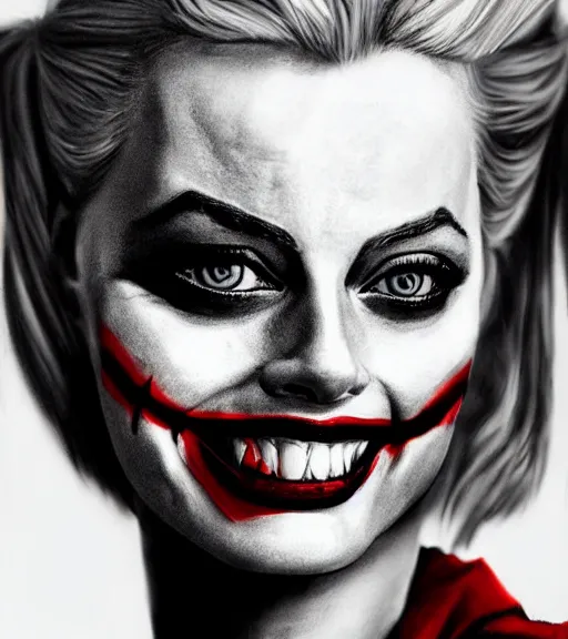 Prompt: a realism drawing of margot robbie as harley quinn portrait with joker makeup, in the style of den yakovlev, realistic face, black and white, realism, hyper realistic, highly detailed