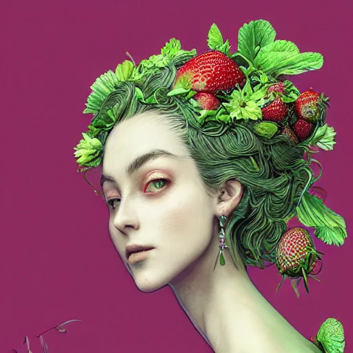 Prompt: the portrait of an absurdly beautiful, graceful, elegant, sophisticated woman made of strawberries and green petals, an ultrafine hyperdetailed illustration by kim jung gi, irakli nadar, romanticism, intricate linework, bright colors, octopath traveler, final fantasy, unreal engine 5 highly rendered, global illumination, radiant light, detailed and intricate environment
