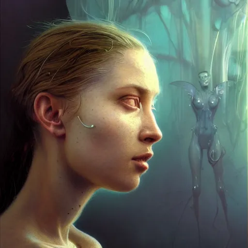 Image similar to a hyper - realistic detailed character concept art portrait of a beautiful woman on a depth of field background, artstation, award - winning realistic sci - fi concept art by jim burns and greg rutkowski, beksinski, a realism masterpiece, complimentary color palette, james gilleard, bruegel, alphonse mucha, and yoshitaka amano.