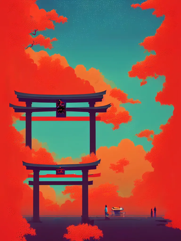 Image similar to a travel poster illustration depicting a japanese torii gate, vintage style, minimalist, digital painting, vector art, trending on artstration, by anton fadeev, by alena aenami