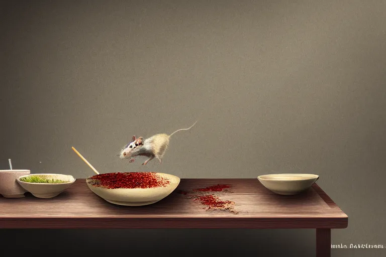 Image similar to an empty bowl with a few rice grains and broken chinese chopsticks, on a dirty table in poor apartments, running rat, dark atmosphere, digital art, very realistic