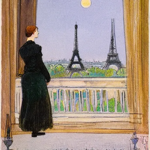 Prompt: a young edwardian woman sits in a window overlooking paris with the eiffel tower visible in the background, the moon is behind the eiffel tower, it's nighttime, in the style of Carl Larsson