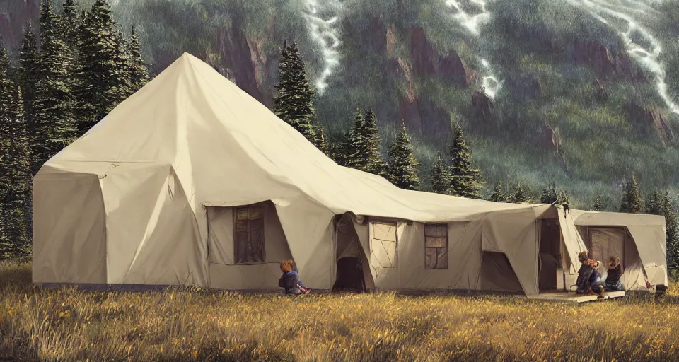 Image similar to cabela's beautiful comfortable modular insulated wall kit - house all weather family dwelling tent house, person in foreground, mountainous forested wilderness open fields, beautiful views, painterly concept art, joanna gaines, environmental concept art, farmhouse, magnolia, concept art illustration, by james gurney, by craig mullins, by greg rutkowski trending on artstation