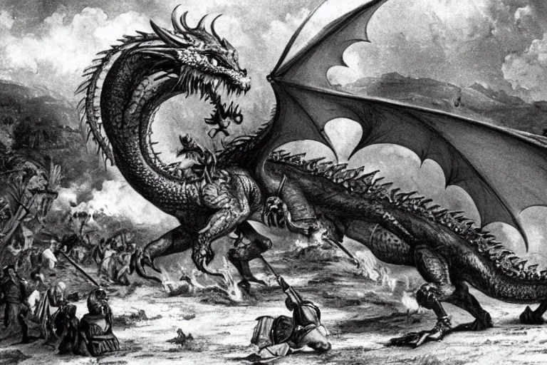 Image similar to very old photo of dragon attacking the medieval village