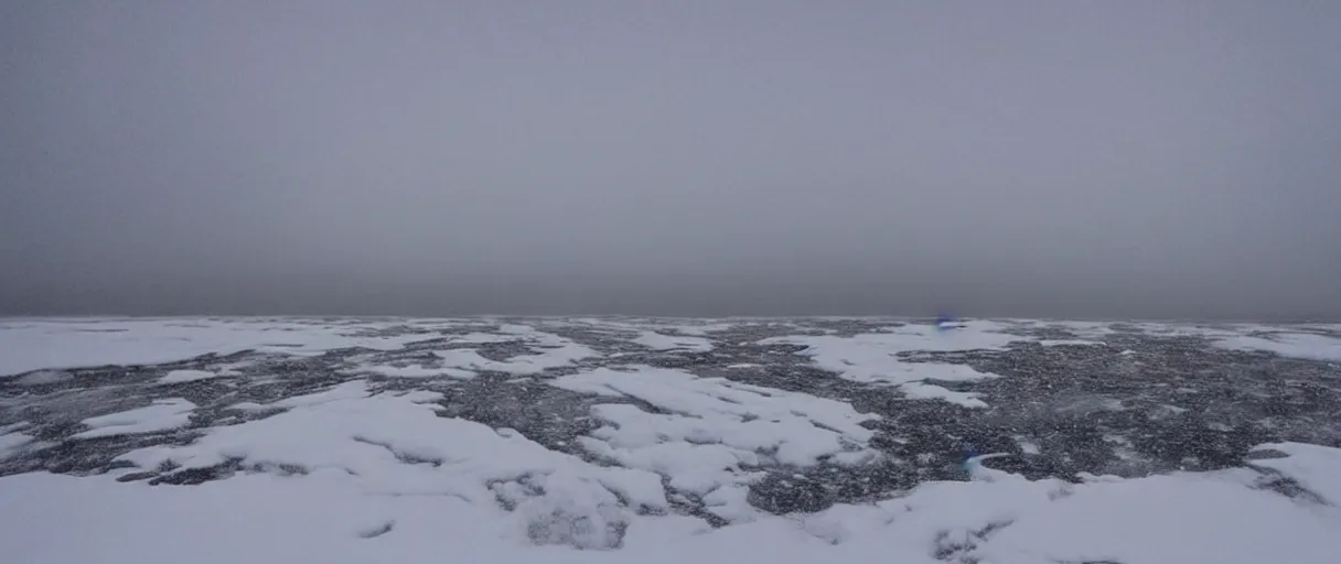 Prompt: a high quality color creepy atmospheric extreme wide angle shot hd 4 k film 3 5 mm photograph of very heavy snow storm a total white out blizzard in a desolate antarctica landscape