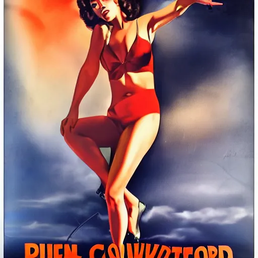 Image similar to cindy crowford cinematic pose on a pin - up thriller poster