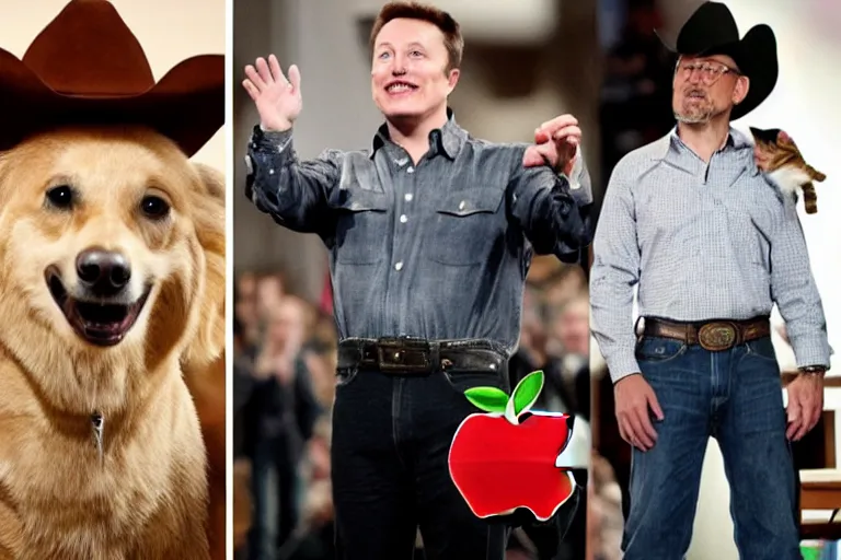 Image similar to apple dressed as cowboy costume, dog and cat, elon musk modeling with steve jobs