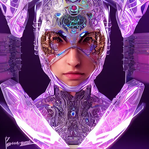 Prompt: cybernetic crystal assassin, award winning concept render, realistic, intricate linework, beautiful spectrum of colorful gems, cyborg, glowing, baroque, hooded, ornate!!!, futuristic, detailed, magical, wlop, chebokha, rutkowski, artgerm