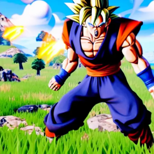 Image similar to a game still of goku in fortnite, in - game shot