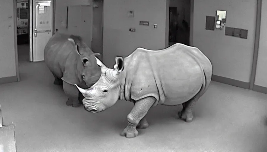 Prompt: a rhinoceros in a hospital, by mini dv camera, very very low quality, heavy grain, very blurry, accidental flash, webcam footage, found footage, security cam, caught on trail cam