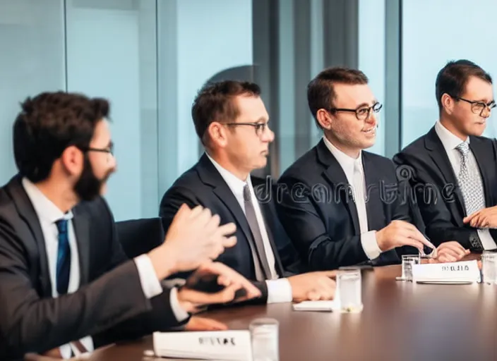 Prompt: photo of cats in suits attending a management board meeting. Highly detailed 8k. Intricate. Sony a7r iv 55mm. Stock photo.