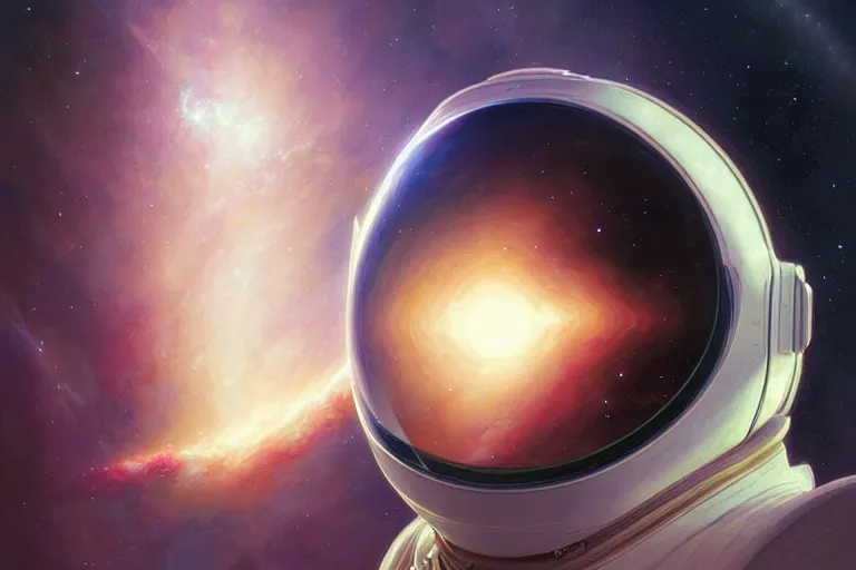 Image similar to Portrait of a Futuristic astronaut reflective visor mirror spacesuit reflecting a nebula supernova in space, portrait, elegant, intricate, digital painting, artstation, concept art, smooth, sharp focus, illustration, art by artgerm and greg rutkowski and alphonse mucha