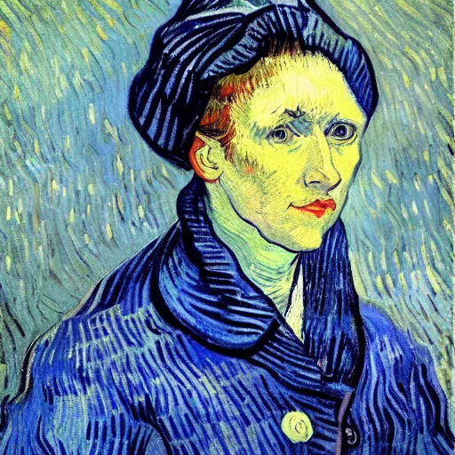 Prompt: a close up of a woman with a blue and white scarf, painting by Vincent van Gogh