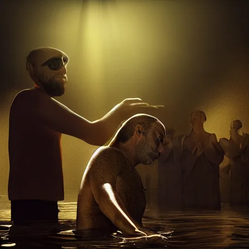 Image similar to a film still of a man being baptized by tim burton, golden hour, cinematic lighting, cool, spiritual, detailed, 8 k concept art