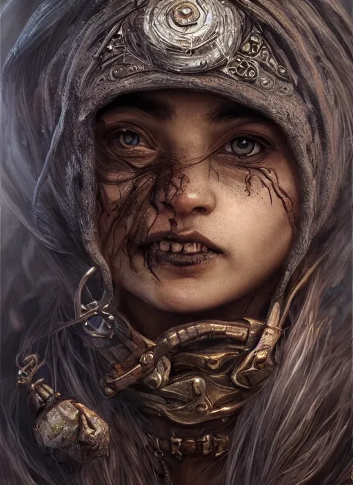 Image similar to gruntly halfling mage with dark skin and a rat-like face ,beautiful detailed eyes, dirty, fantasy, intricate, rough, highly detailed, digital painting, 4k, HDR, concept art, detailed jewelry, smooth, sharp focus, illustration, art by Artgerm, H R Giger and Alphonse Mucha