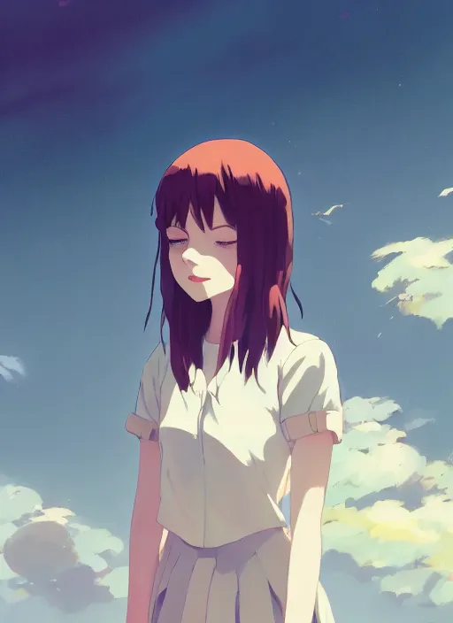 Image similar to portrait of emma stone, cloudy sky background lush landscape illustration concept art anime key visual trending pixiv fanbox by wlop and greg rutkowski and makoto shinkai and studio ghibli