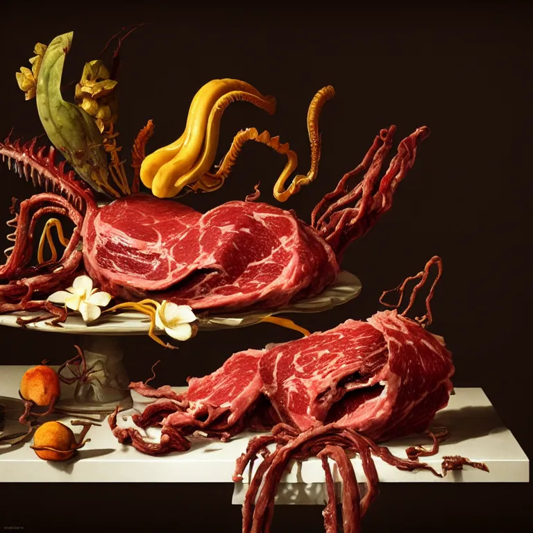 Image similar to still life of rotten meat, xenomorph, beautiful tropical flowers, human spine, tropical fruit baroque painting, beautiful detailed intricate insanely detailed octane render, 8K artistic photography, photorealistic, chiaroscuro, Raphael, Caravaggio