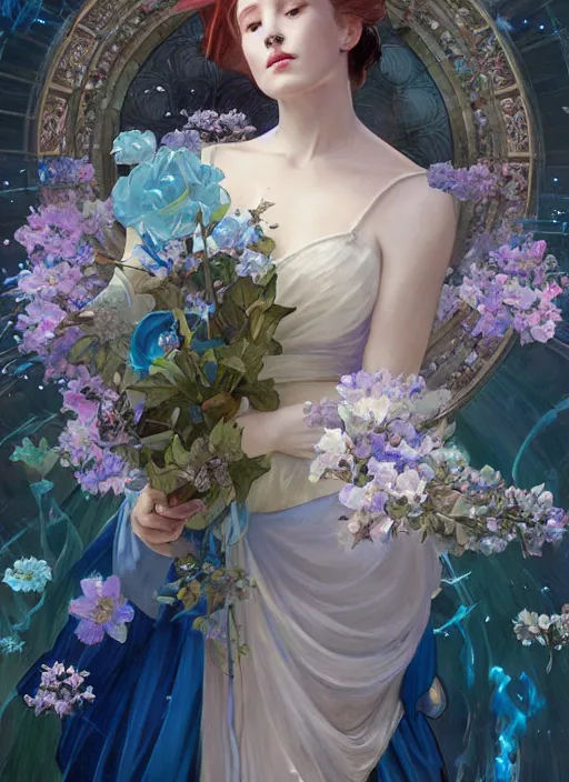 Image similar to portrait of cinderella, flowers, blue spike aura in motion, floating pieces, painted art by tsuyoshi nagano, greg rutkowski, artgerm, alphonse mucha, spike painting