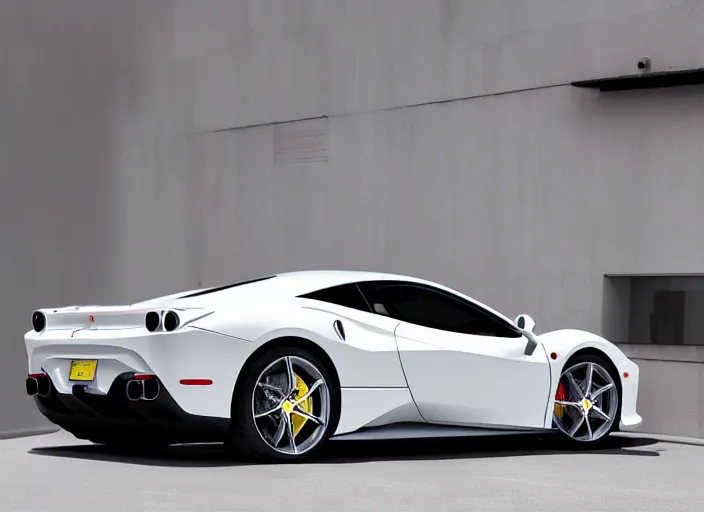 Image similar to cinematic photoshoot of clean modern hand crafted super futuristic tech ferrari car exterior pro display xpr luxury smooth color metal white silver with black leather padding well design ultrareallistic detailed high quality 8 k photorealistic ultra realistic