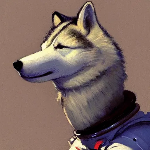 Image similar to portrait of an anthropomorphic husky astronaut, furry furaffinty, husky astronaut fursona, by greg rutkowski and gregory manchess