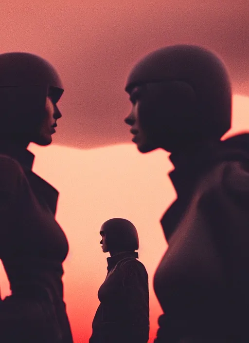 Image similar to cinestill 5 0 d photographic portrait of two loving female androids wearing rugged black techwear on a desolate plain with a red sky in front of a brutalist structure, extreme closeup, cyberpunk style, dust storm, 8 k, hd, high resolution, 3 5 mm, f / 3 2, ultra realistic faces, ex machina