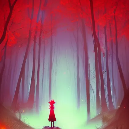 Image similar to a woman [ enchanting a forest with red magic ]!, stands in the middle of a pathway in a timid forest, trending on cgsociety, digital art, illustrated by max hay and anton fadeev, bioluminescent atmosphere, back view, intricate