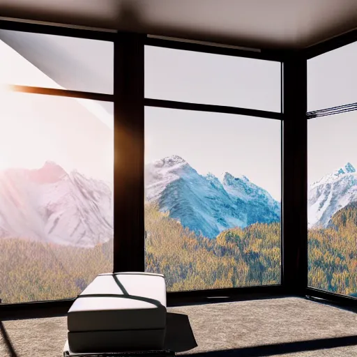 Image similar to looked at big window, mountains in background, sunny day time, clear sky, futuristic, furnitures, ultra realistic, ultra detailed, cinematic light