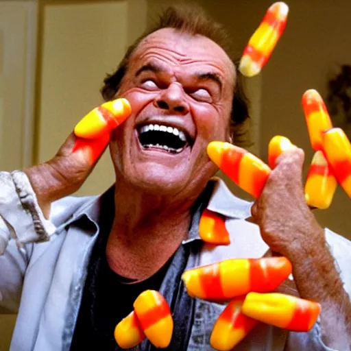Prompt: jack nicholson maniacally eating fists full of candy corn while in a whole room full of candy corn