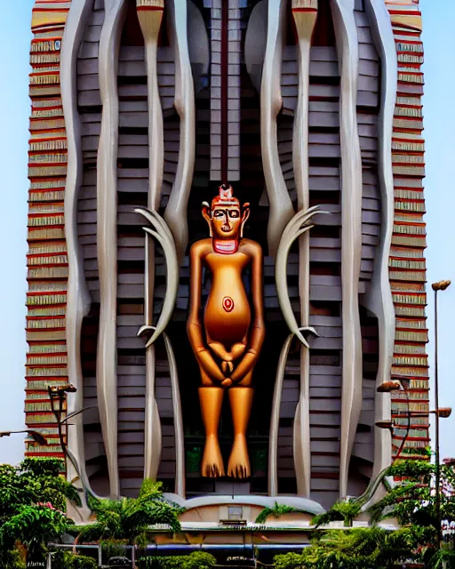 Prompt: high quality 3 d art deco biomorphic hanuman! head building in mumbai!! centre, highly detailed, cinematic smooth, berenice abbott & john j. park, dramatic warm morning light, wide shot, high angle, uhd 8 k, sharp focus