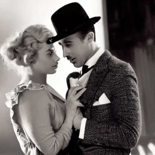 Image similar to still of ryan gosling and margot robbie, in charlie chaplin movie