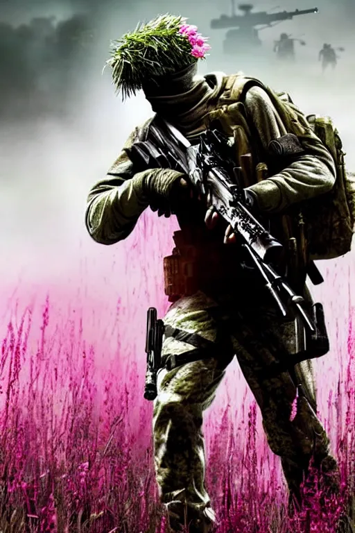 Prompt: call of duty warzone poster of a sniper in ghillie suit with light pink flowers, walking in high grass field, foggy background