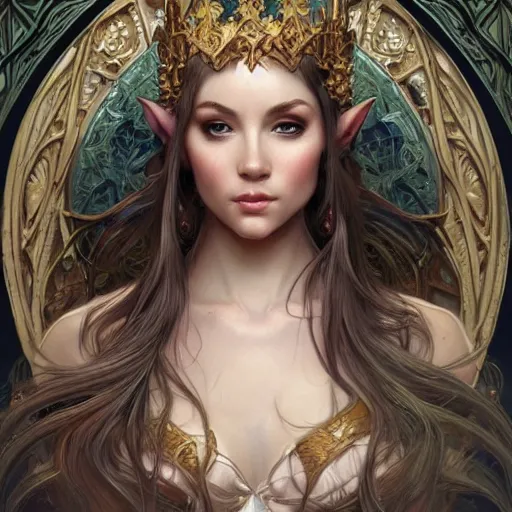 Prompt: a oil painting of a elven queen, cute, fantasy, intricate, elegant, highly detailed, centered, digital painting, artstation, concept art, smooth, sharp focus, illustration, art by artgerm and h r giger and alphonse mucha