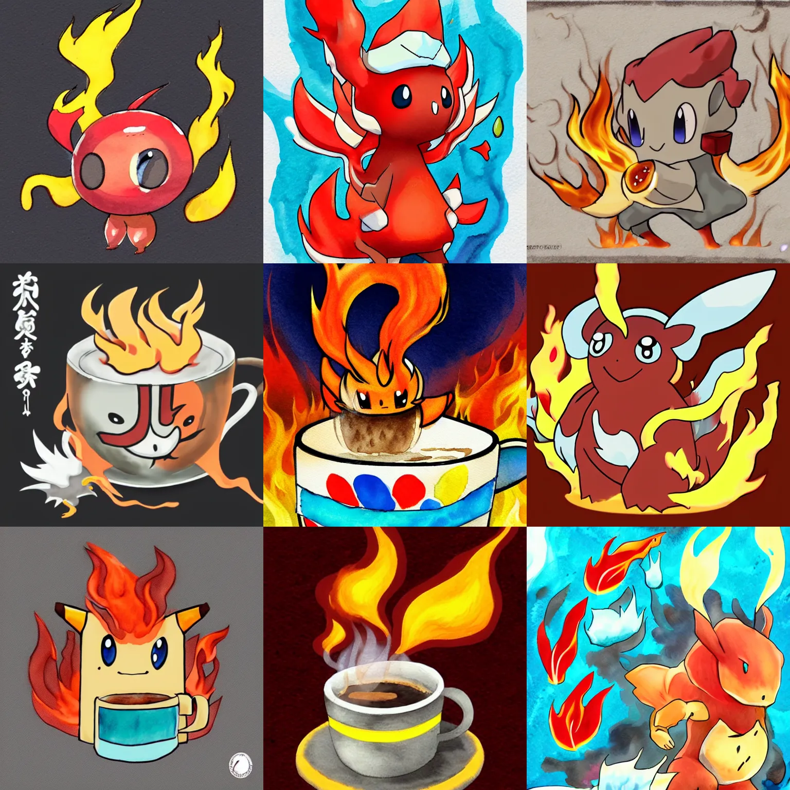 Prompt: a coffee themed new pokemon. fire water dual type. steamy. watercolor in the style of ken sugomori