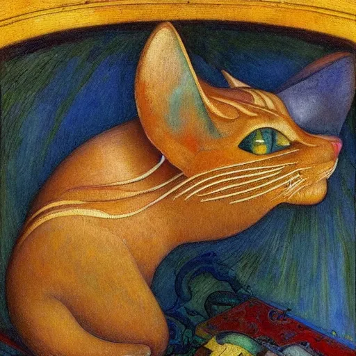 Prompt: masterpiece painting of a mechanical cloisonne cat head sculpture, by annie swynnerton and diego rivera and janet fish and nicholas roerich and jean delville, symbolist, dramatic lighting, god rays, art brut, rich colors, smooth, sharp focus, extremely detailed, adolf wolfli and ( donato giancola and bilibin )