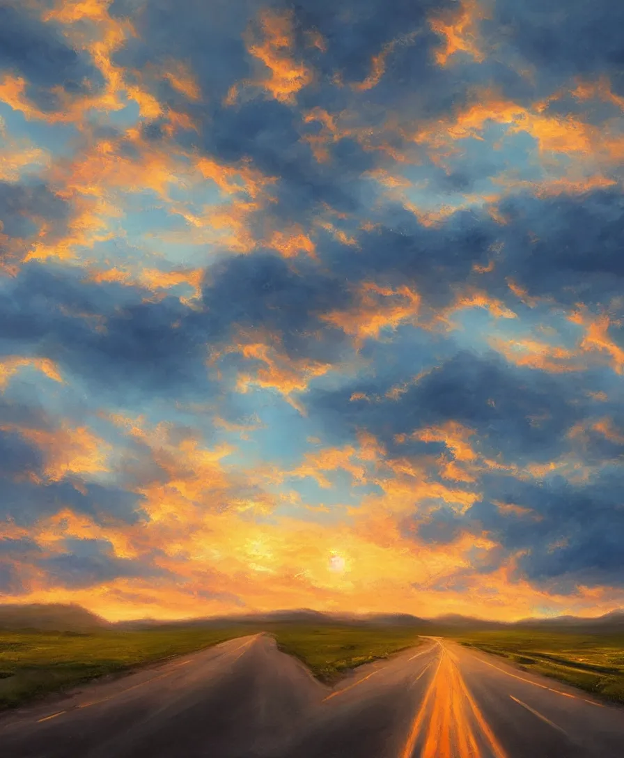 Image similar to Road sunset oil painting beautiful artstation realistic 4k 8k clouds breathtaking concept art matte painting