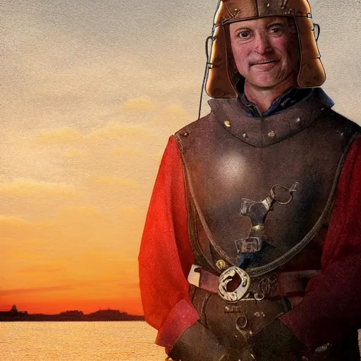 Image similar to portrait of a medieval ship pilot on a ship looking into the sunset on the sea, wearing breastplate, digital art, bokah, high fantasy art style