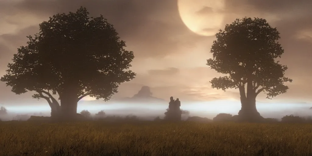 Prompt: still frame from the lost 1 9 9 6 workprint of star wars in tudor england, han solo, trees, hills, thick heavy fog, sunset, golden hour, blue hour, three suns, dramatic cloud filled sky, by quentin tarantino, stanley kubrick, gerald brom, greg rutkowski, photo realism, unreal engine, c 4 d ”