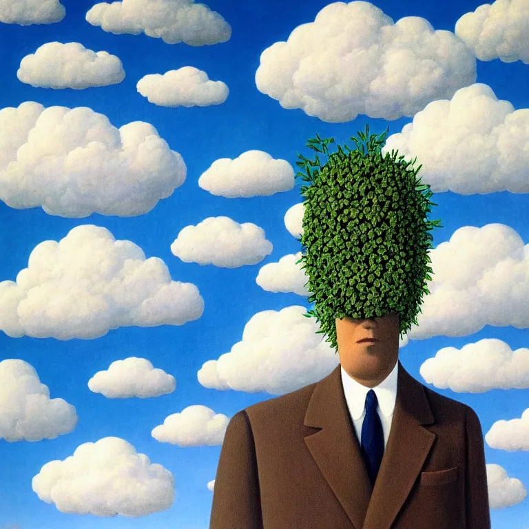 Image similar to portrait of a faceless beautiful flower - head man in a suit, clouds in the background, by rene magritte, detailed painting, distance, middle centered, hd, hq, high resolution, high detail, 4 k, 8 k