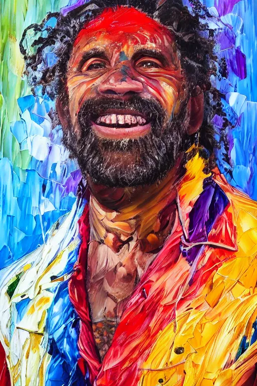 Prompt: palette knife oil painting portrait of a eddie dreamtime, a middle aged, athletic, lean, aboriginal australian hipster, open shirt, body paint, psychedelic, dreamtime, nightclub background, smile, artstation trending, artgerm, any racial background, deviant art, hipster, octane, substance, art history 8 k