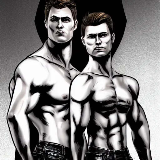 Prompt: Dean Winchester and Sam Winchester as muscular angels at Ram Ranch, cowboys, Tom of Finland, urban fantasy, sharp focus, ultra detailed, artstation