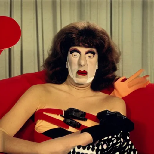 Image similar to 1983 woman on a talk show show with a long prosthetic snout nose, big nostrils, wearing a dress, 1983 French film color archival footage color film 16mm Fellini Almodovar John Waters Russ Meyer movie still