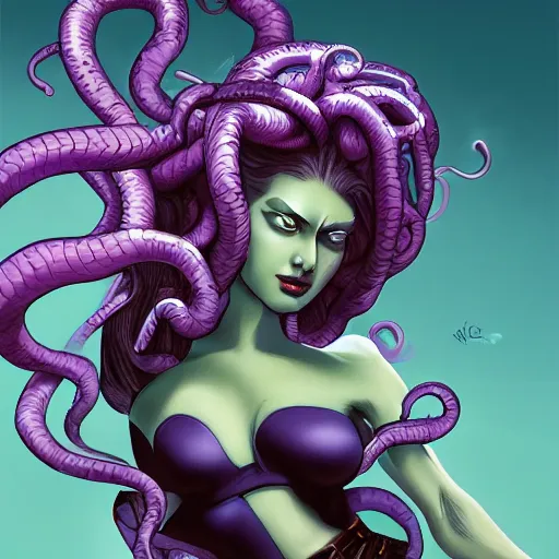 Image similar to medusa painting, comic style, seductive, dynamic lighting, artstation, detailed, blurred background