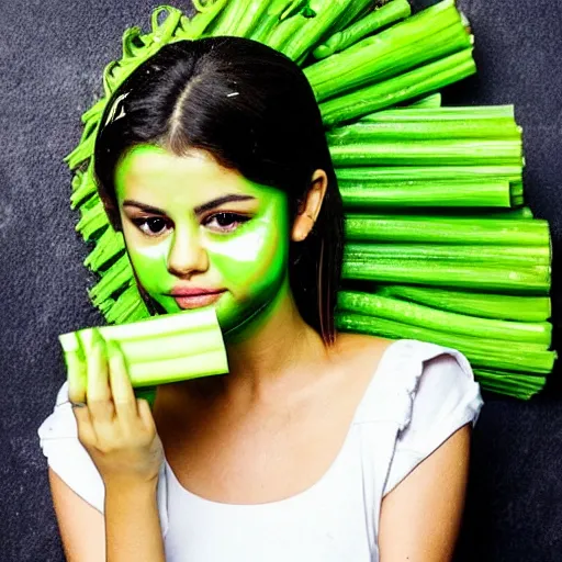 Prompt: selena gomez made out of celery, a human face with celery for hair, celery in the shape of a human face, a bunch of celery sitting on a cutting board, professional food photography, selena gomez wearing green face paint