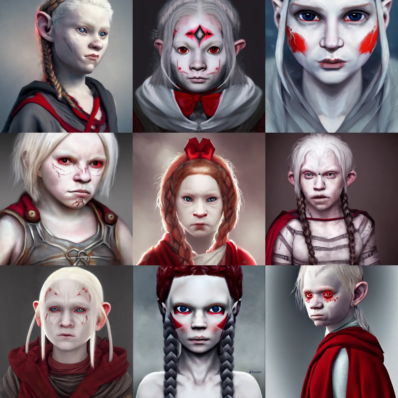 Prompt: realistic portrait of a young albino female halfling with red!!!! eyes and white!!! braided hair and a grey! cloak, geometric facial tattoos!!!!!!, black hair - ribbon, haunted and sad expression, artstation, cinematic lighting, 8 k, digital art