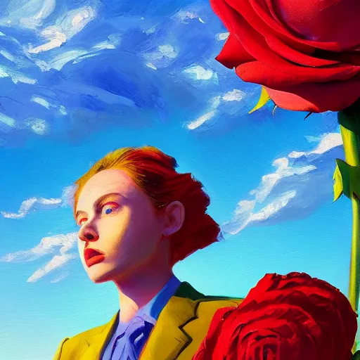 Image similar to closeup, giant rose flower head, frontal, girl in a suit, surreal photography, sunrise, blue sky, dramatic light, impressionist painting, digital painting, artstation, simon stalenhag