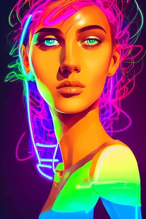 Image similar to a award winning half body portrait of a beautiful woman with stunning eyes in a croptop and cargo pants with rainbow colored ombre hairstyle head in motion and hair flying by thomas danthony, outlined by whirling illuminated neon lines, outrun, vaporware, shaded flat illustration, digital art, trending on artstation, highly detailed, fine detail, intricate