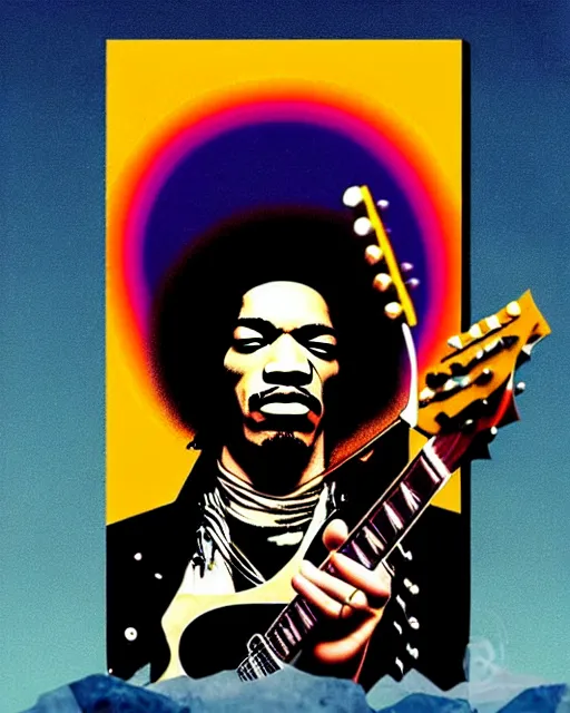 Image similar to grunge rock jimi hendrix taking a selfie with his iphone, instagram, tiktok, postmodern surrealist concert poster, grainy poster art, hand drawn matte painting by lynd ward and gary houston, smooth, sharp focus, extremely detailed, 2 4 mm.