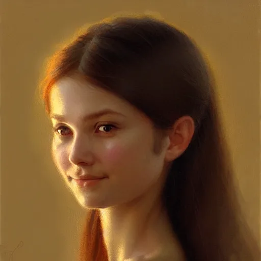 Prompt: Facial portrait of a cute shy girl, looking at the camera, slight awkward smile, lips slightly parted, no hands visible,, intricate, extremely detailed painting by Greg Rutkowski and by Henry Justice Ford and by Steve Henderson and Jean Giraud