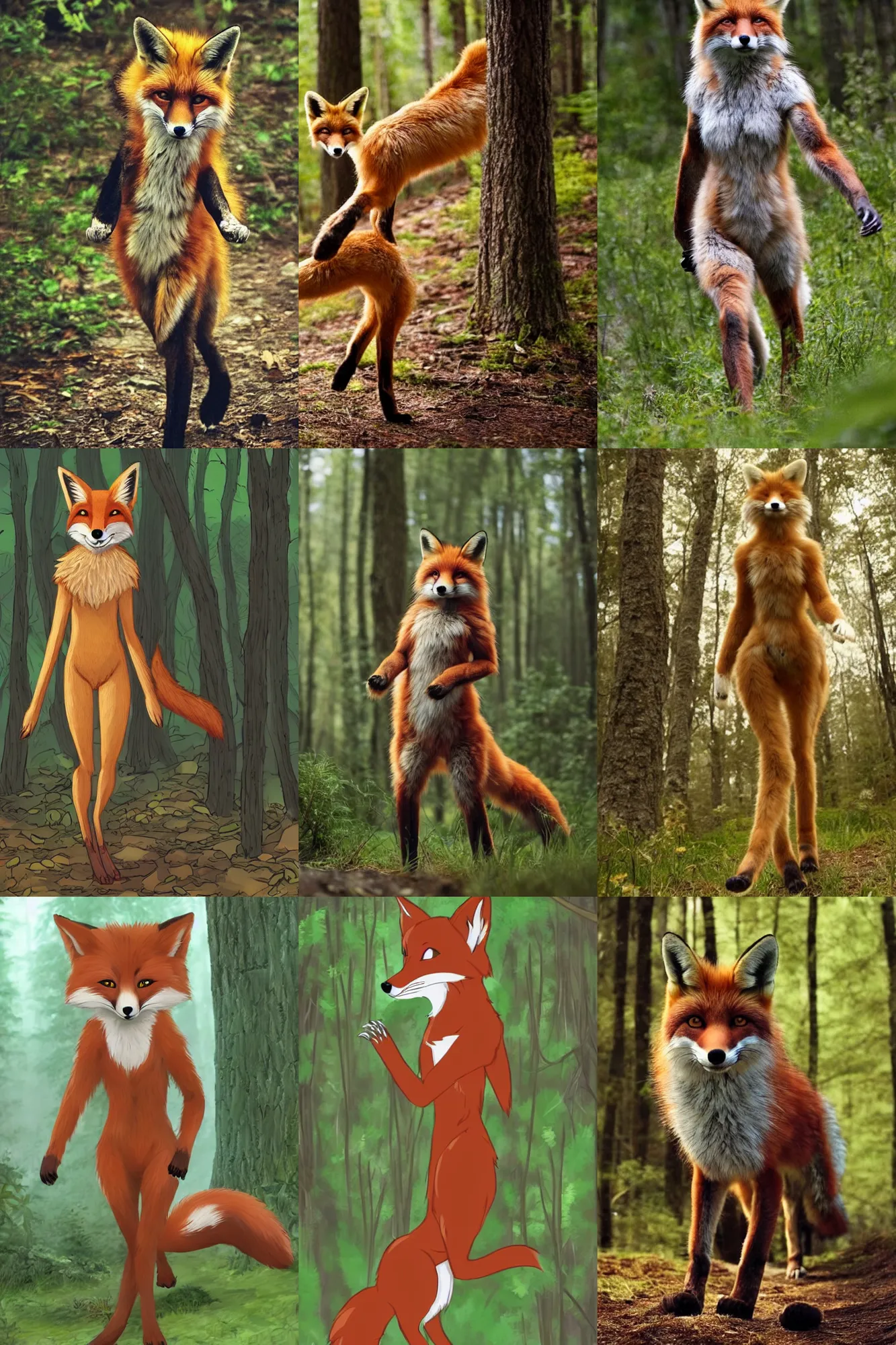 Prompt: anthro furry digitigrade natural - colored fox!!!! woman!!!! with black paws, walking upright in a forest, cinematic