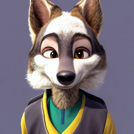 Image similar to portrait, 3d render , anthropomorphic wolf female, wearing a torn knee langth jacket , in the style of Zootopia